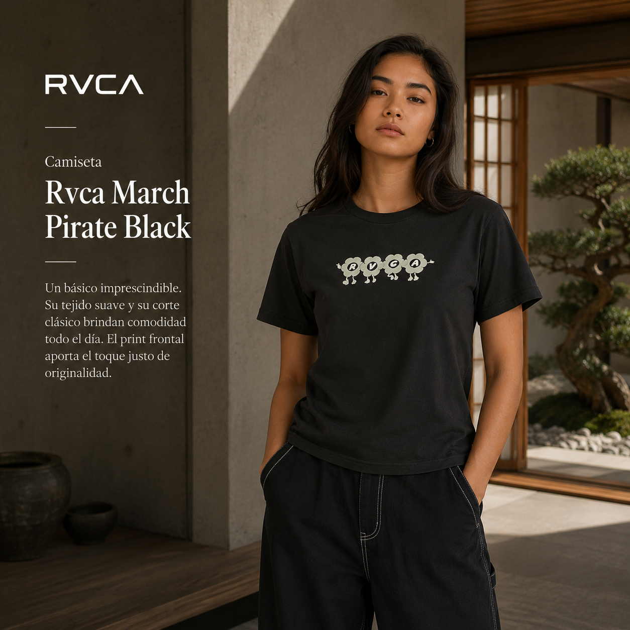 Camiseta Rvca March Pirate Black de mujer en amanecer surf trip con estética editorial surfwear premium