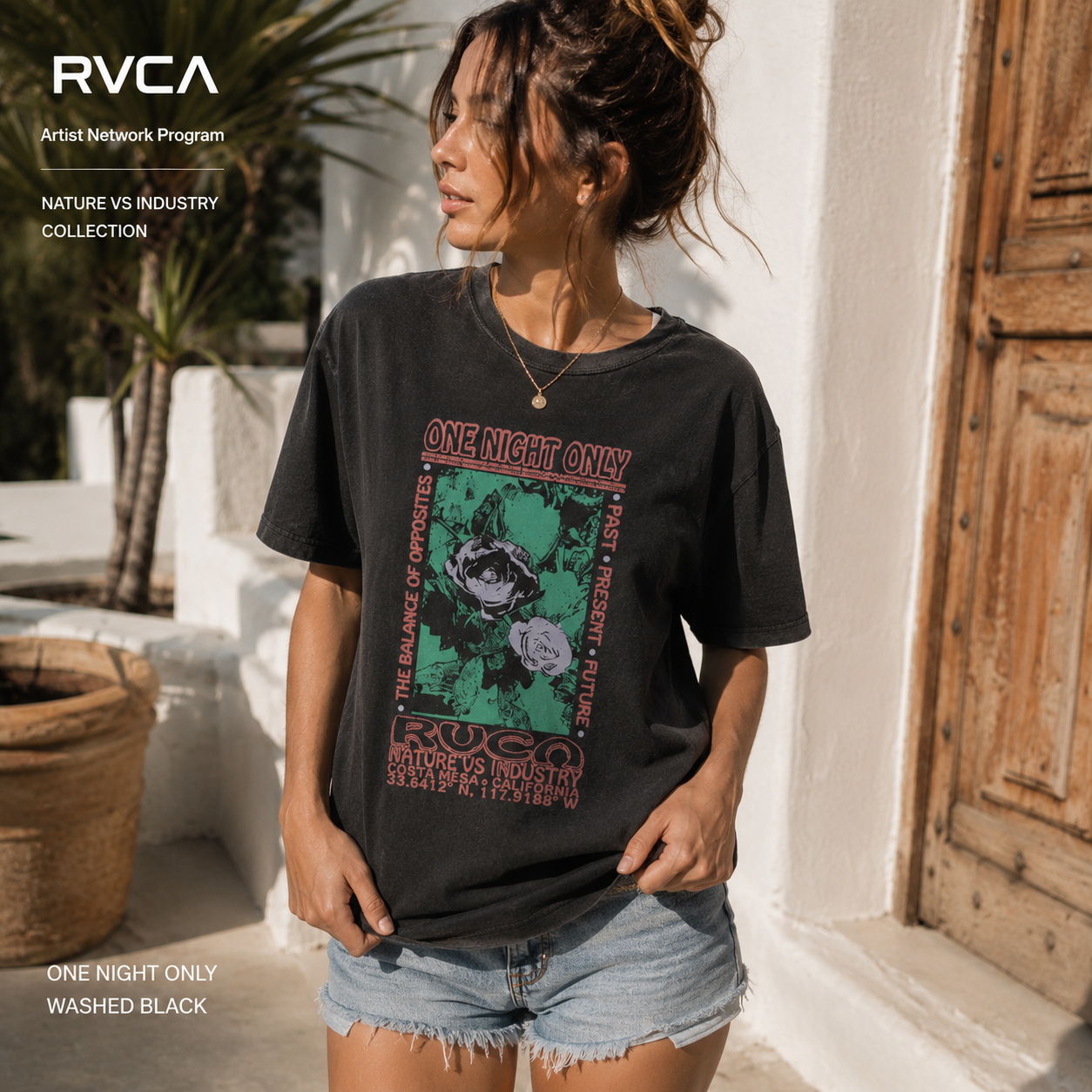 Camiseta Rvca One Night Only Washed Black negra estilo surfwear premium para mujer