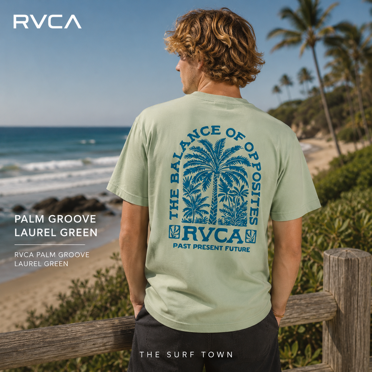 Camiseta RVCA Palm Groove Laurel Green para hombre en paisaje tropical junto al océano, fotografía editorial propia de THE SURF TOWN inspirada en el surf lifestyle, las palmeras y el verano eterno