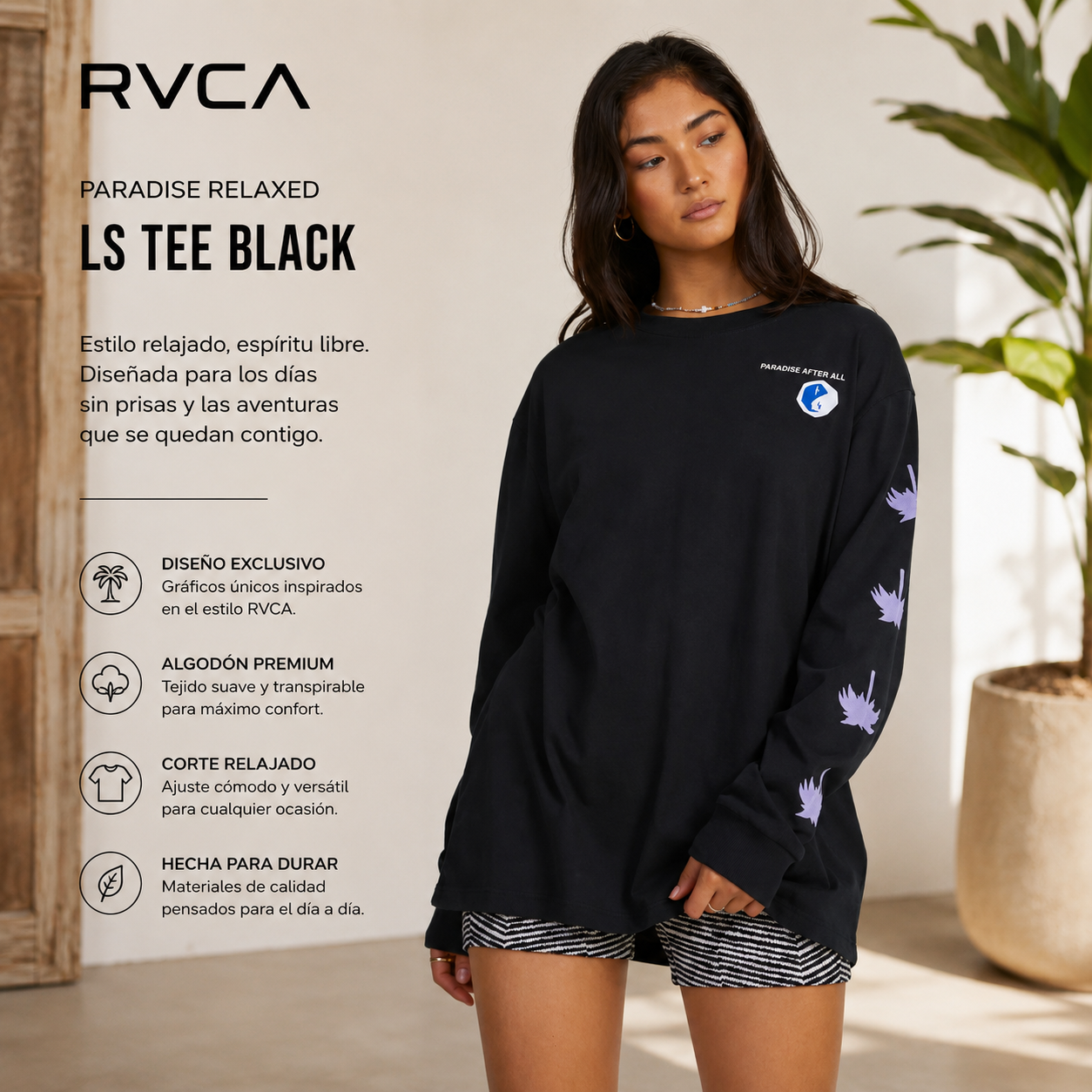 Camiseta RVCA Paradise Relaxed LS Tee Black para mujer con corte oversize y estilo surf lifestyle