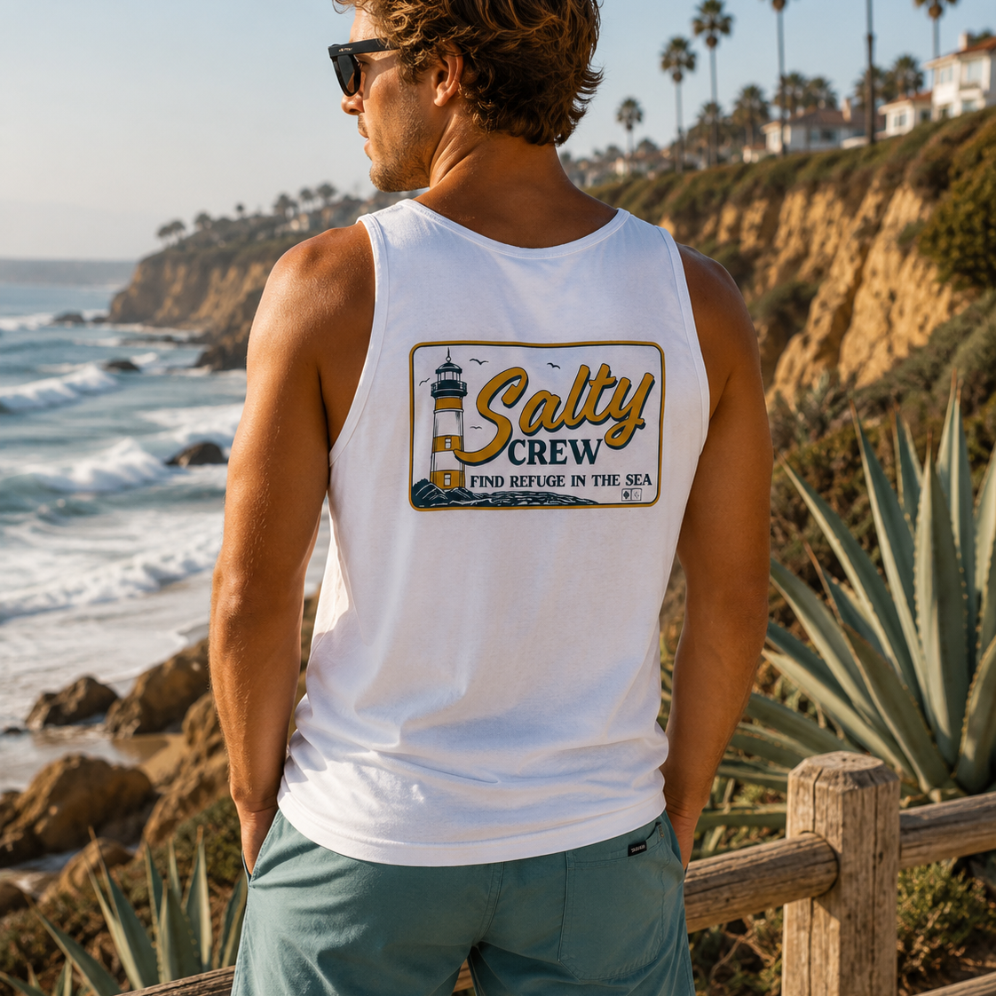 Camiseta Salty Crew Ashore Tank White para hombre en entorno costero junto al mar con estilo surf lifestyle premium y ambiente Costa del Sol