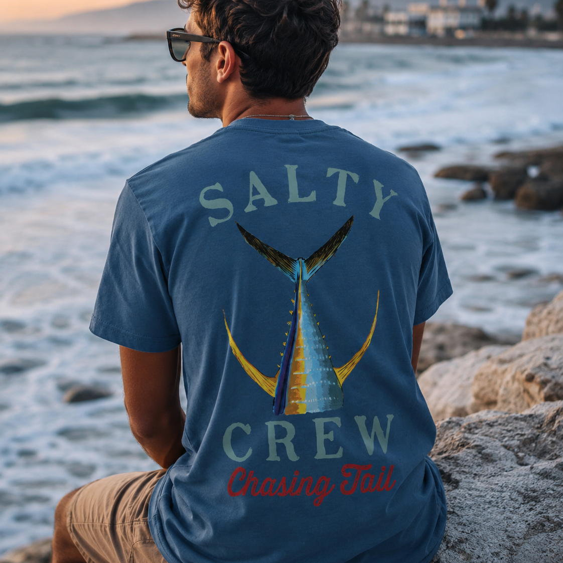 Camiseta Salty Crew Chasing Tail Cast Blue para hombre en escena lifestyle surf sobre rocas junto al mar al atardecer Costa del Sol