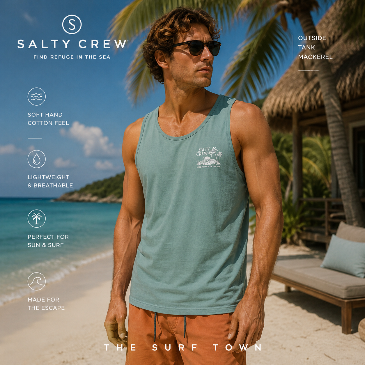 Camiseta Salty Crew Outside Tank Mackerel en oasis tropical premium, fotografía editorial propia de THE SURF TOWN con modelo surf lifestyle, camiseta de tirantes ligera y estilo veraniego inspirado en el océano
