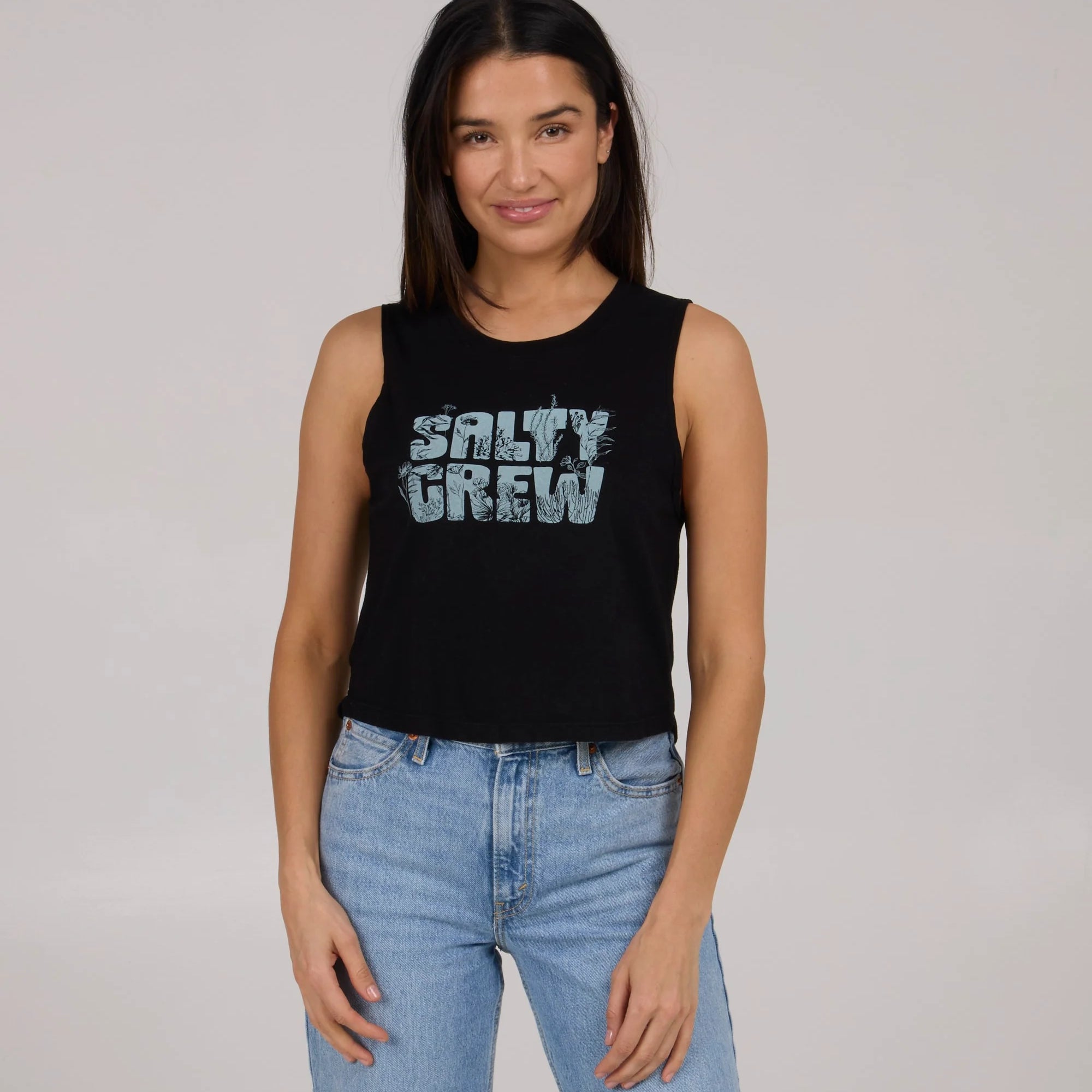 Top Salty Crew Sea Life Cropped Tank negro mujer camiseta sin mangas estilo surf