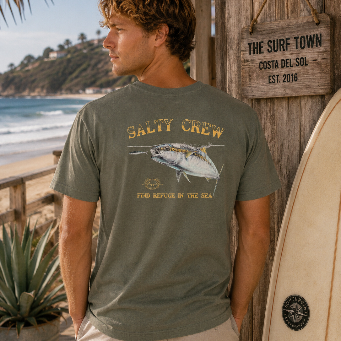 Camiseta Salty Crew Surface Classic Olive para hombre en ambiente surf lifestyle junto a la playa con estilo Costa del Sol y beach vibes premium