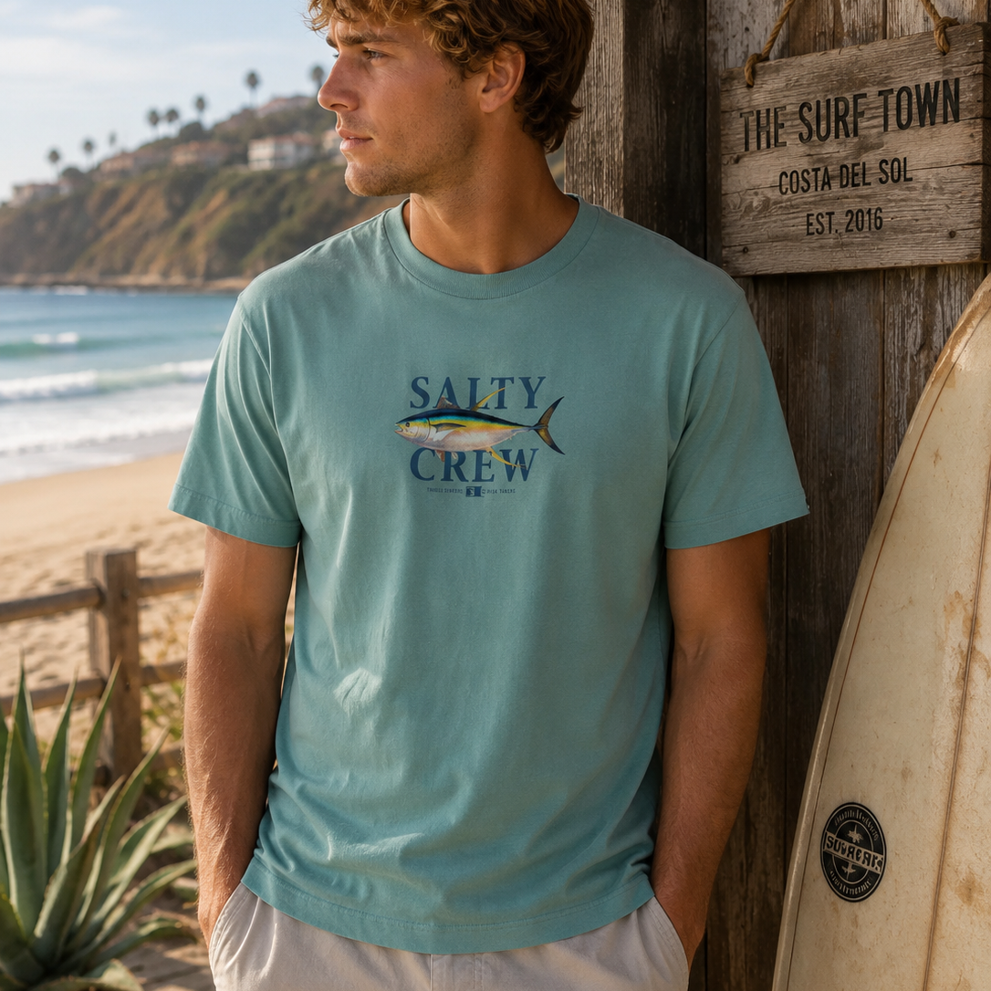 Camiseta Salty Crew Yellowfin II Classic Makerel para hombre en ambiente surf lifestyle junto a la playa con estilo Costa del Sol y beach vibes premium