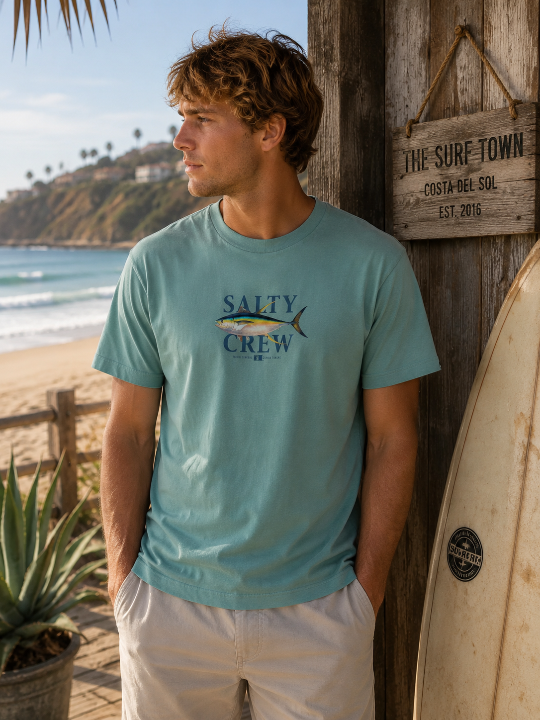 Camiseta Salty Crew Yellowfin II Classic Makerel para hombre en ambiente surf lifestyle junto a la playa con estilo Costa del Sol y beach vibes premium