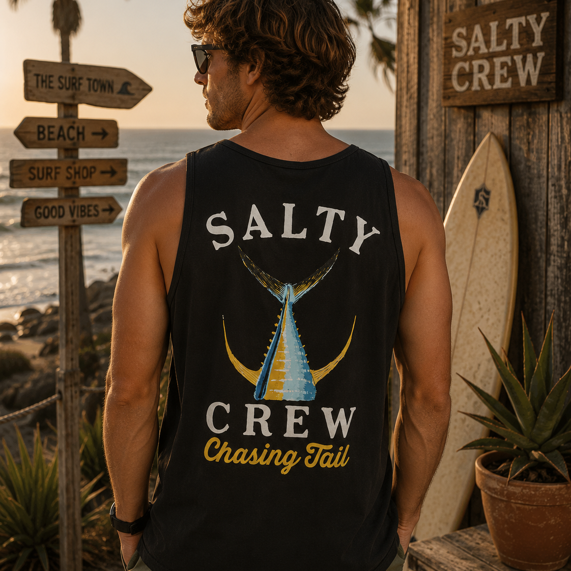 Camiseta sin mangas hombre Salty Crew negra en entorno surf shack premium al atardecer con cartel The Surf Town frente al mar Costa del Sol