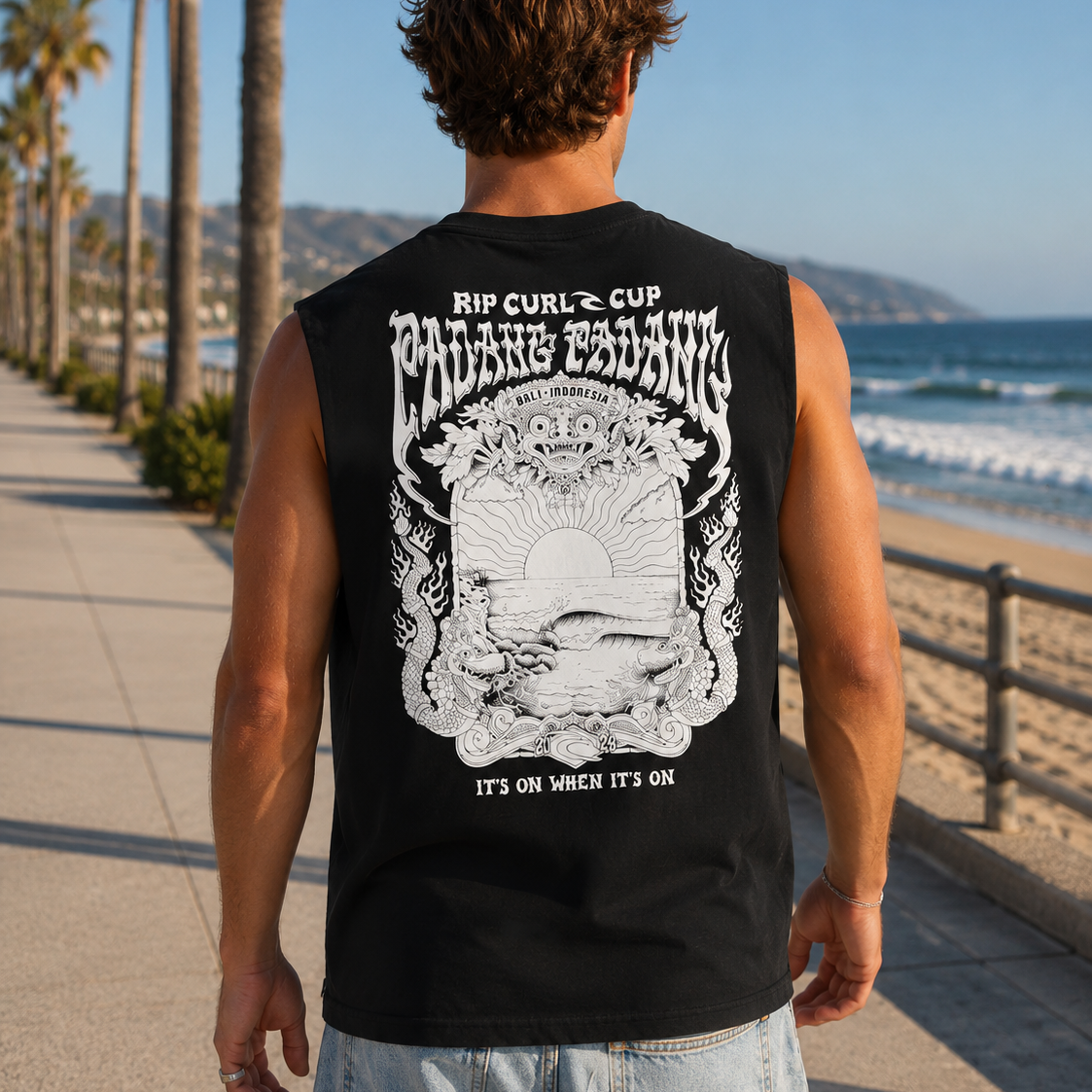 Camiseta sin mangas Rip Curl Padang Padang negra para hombre en paseo marítimo surf lifestyle premium