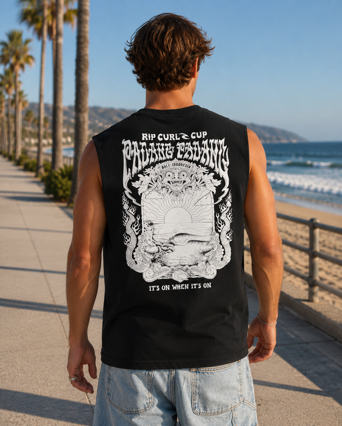 Camiseta sin mangas Rip Curl Padang Padang negra para hombre en paseo marítimo surf lifestyle premium