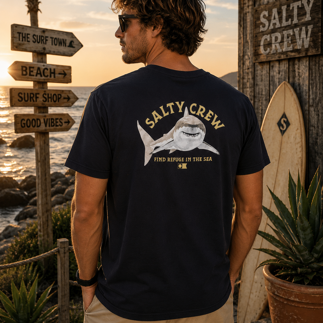 Camiseta hombre Salty Crew tiburón Lurking SS Tee negra en entorno surf shack premium con cartel The Surf Town al atardecer frente al mar Costa del Sol