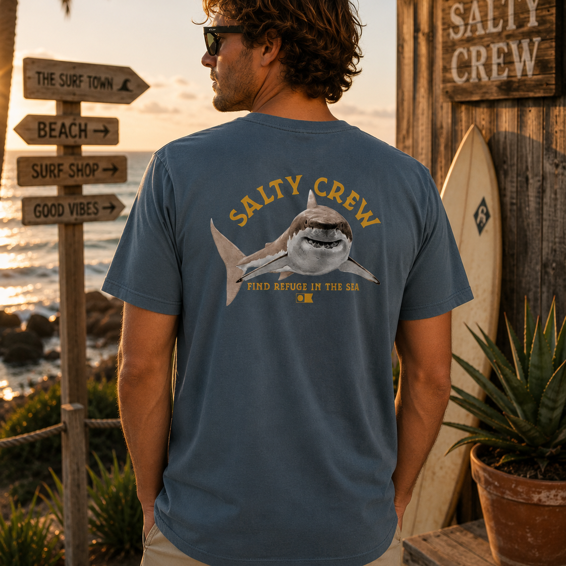 Camiseta hombre Salty Crew tiburón Lurking SS Tee color slate en entorno surf shack premium con cartel The Surf Town al atardecer Costa del Sol