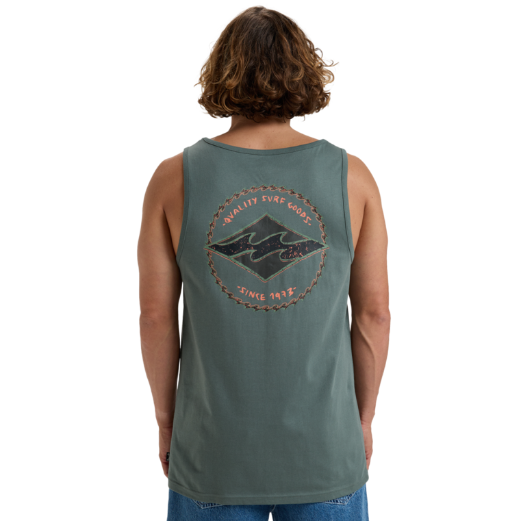 Camiseta de tirantes Billabong Rotor Diamond Tank Dark Slate para hombre color verde oscuro estilo surf con logo en la espalda