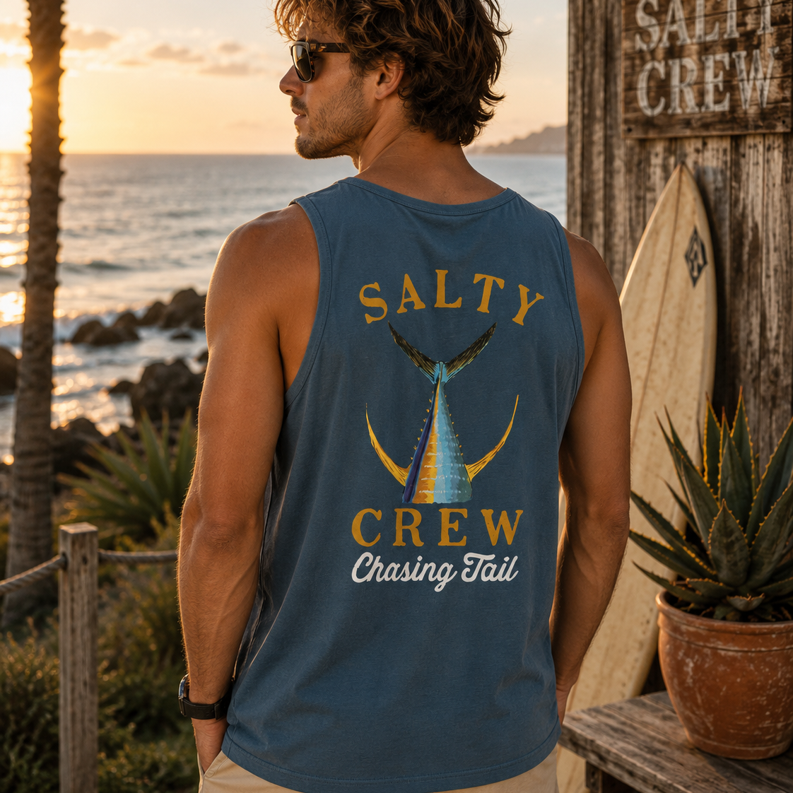 Camiseta de tirantes hombre Salty Crew azul Tailed Tank en entorno surf shack premium al atardecer frente al mar Costa del Sol