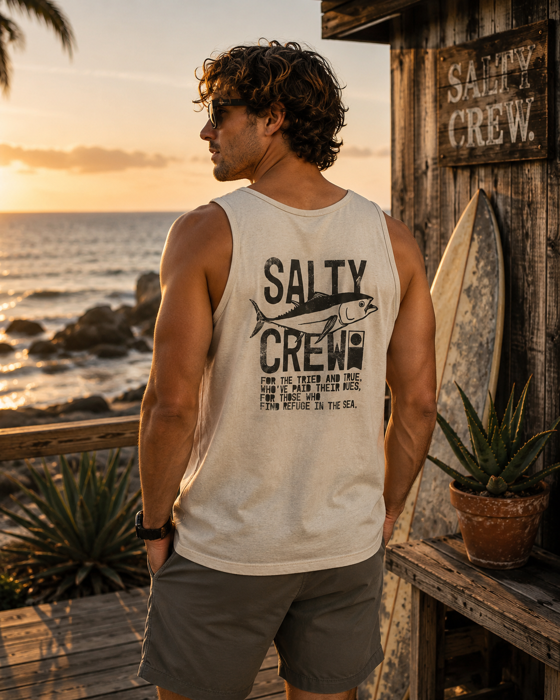 Camiseta de tirantes hombre Salty Crew Tried And True Tank Moonbeam frente al mar al atardecer estilo surf lifestyle premium Costa del Sol