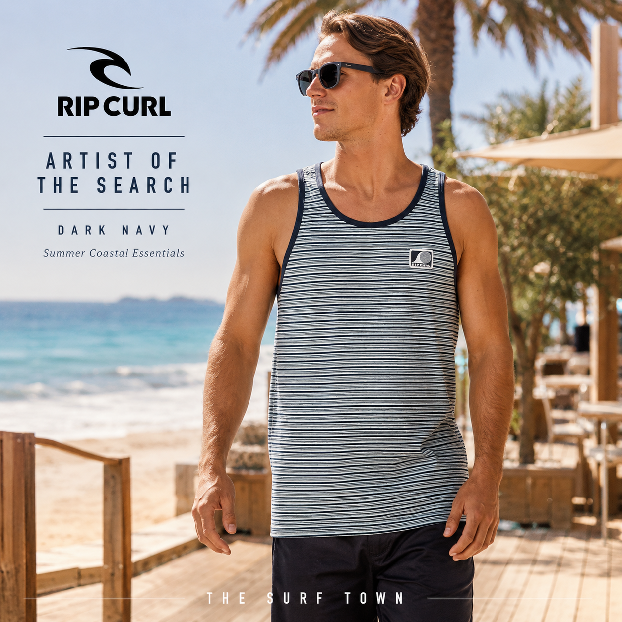 Camiseta Tirantes Rip Curl Artist Of The Search Dark Navy para hombre con diseño de rayas marineras y estilo surf veraniego fotografía editorial propia de THE SURF TOWN