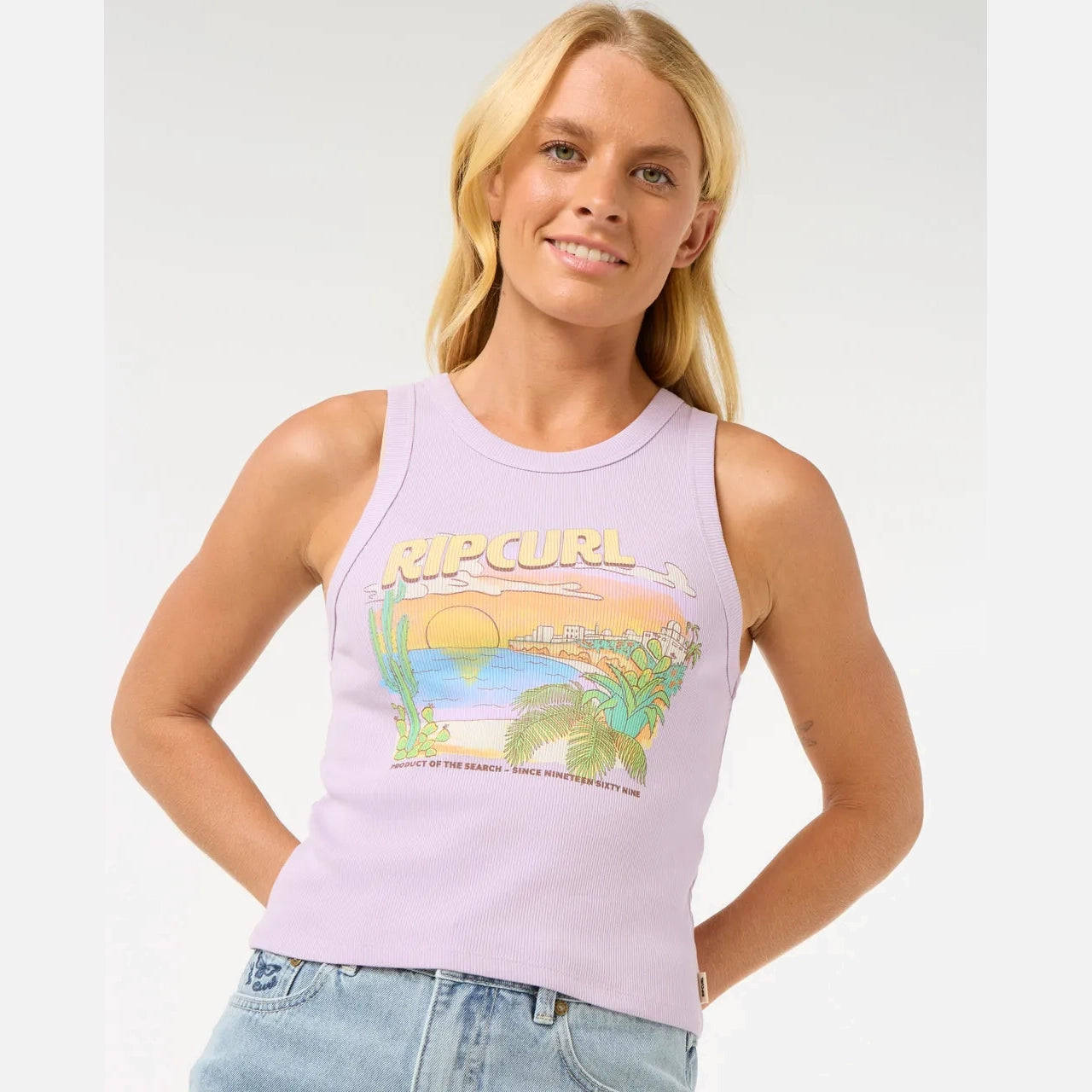 Camiseta tirantes RIP CURL La Paloma Lilac mujer color lila verano estampado surf cómodo