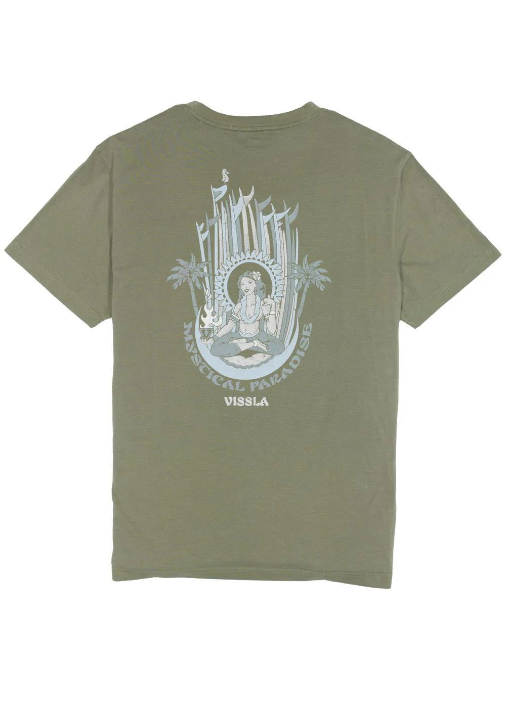 Camiseta Vissla Mystical Paradise Eco Tee color surplus verde militar con diseño surf místico sostenible para hombre