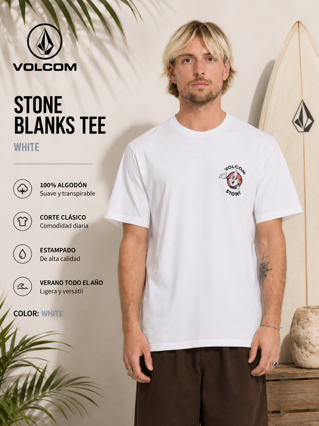 Camiseta Volcom Miste Stone blanca para hombre en estilo surf lifestyle premium