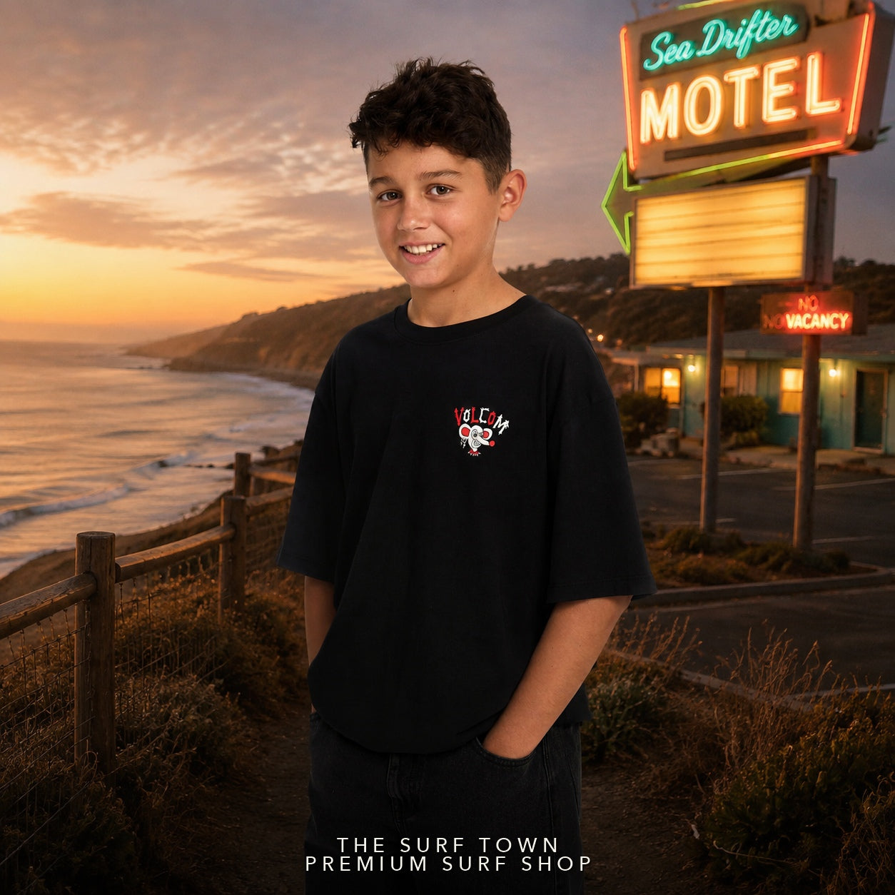 Camiseta Volcom Ozzy II Black para niño en editorial costera premium de THE SURF TOWN