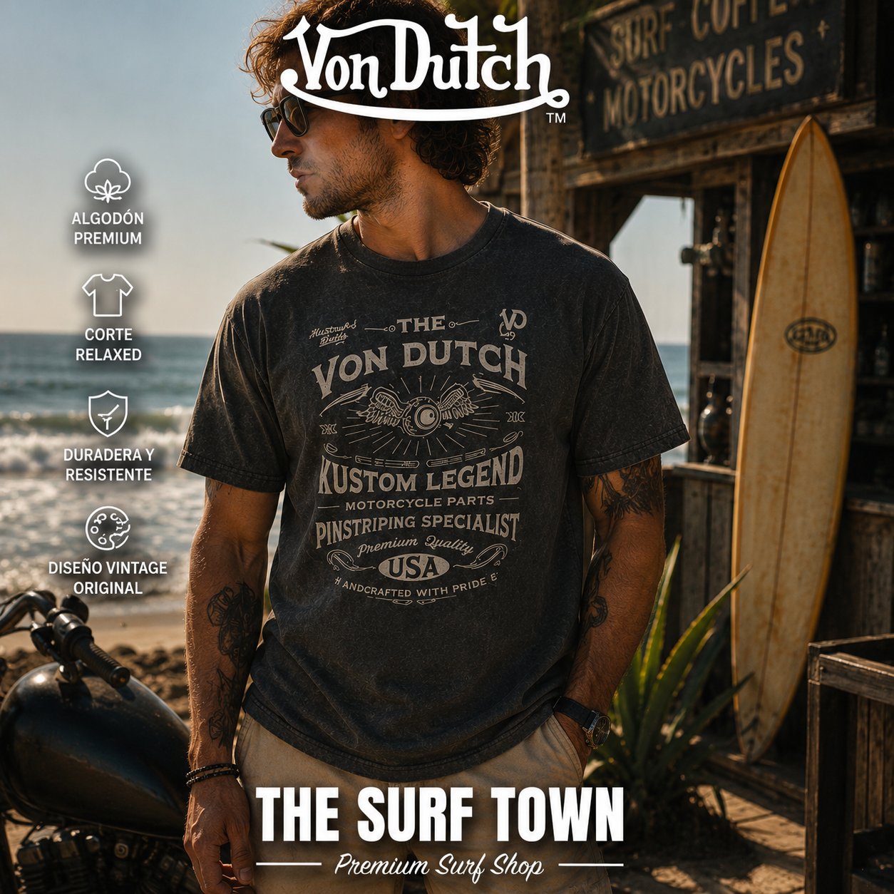 Camiseta Von Dutch Custom Legend Black con diseño gráfico frontal Kustom Legend, imagen editorial propia de THE SURF TOWN inspirada en la cultura Kustom, el surf y las motos café racer.