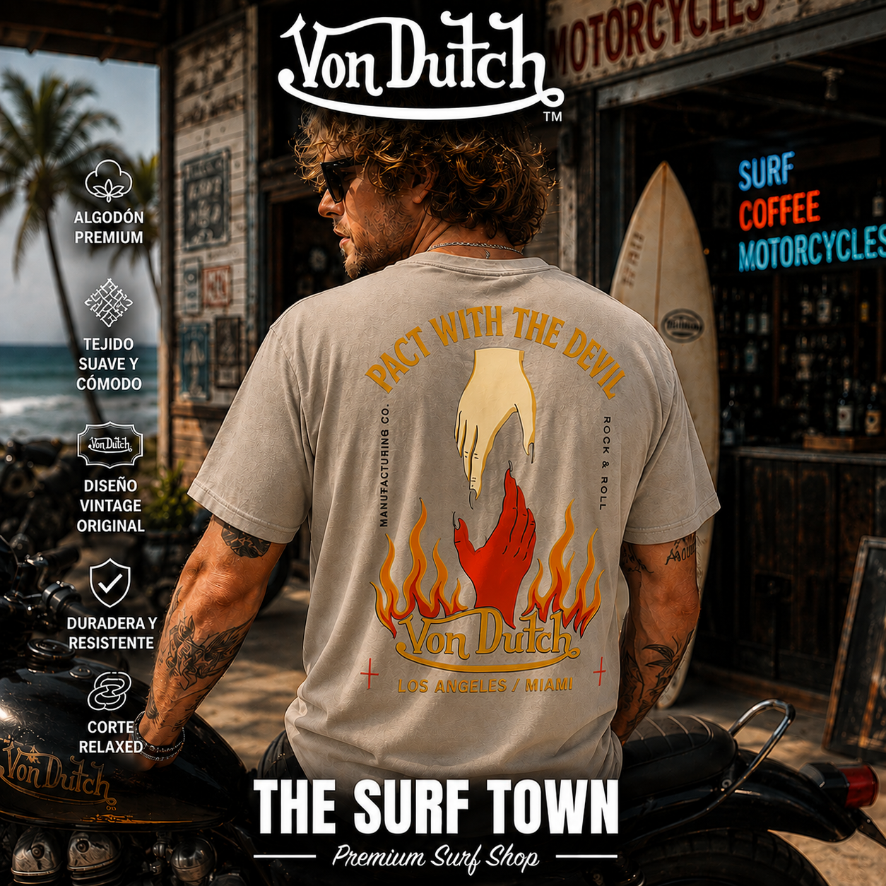 Camiseta Von Dutch Flames Devil Grey con diseño gráfico trasero Pact With The Devil, imagen editorial propia de THE SURF TOWN inspirada en la cultura Kustom, el surf y las motos café racer.