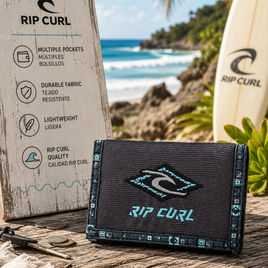 artera Rip Curl Archive Black Blue en escenario surf lifestyle premium con estética coastal adventure luminosa