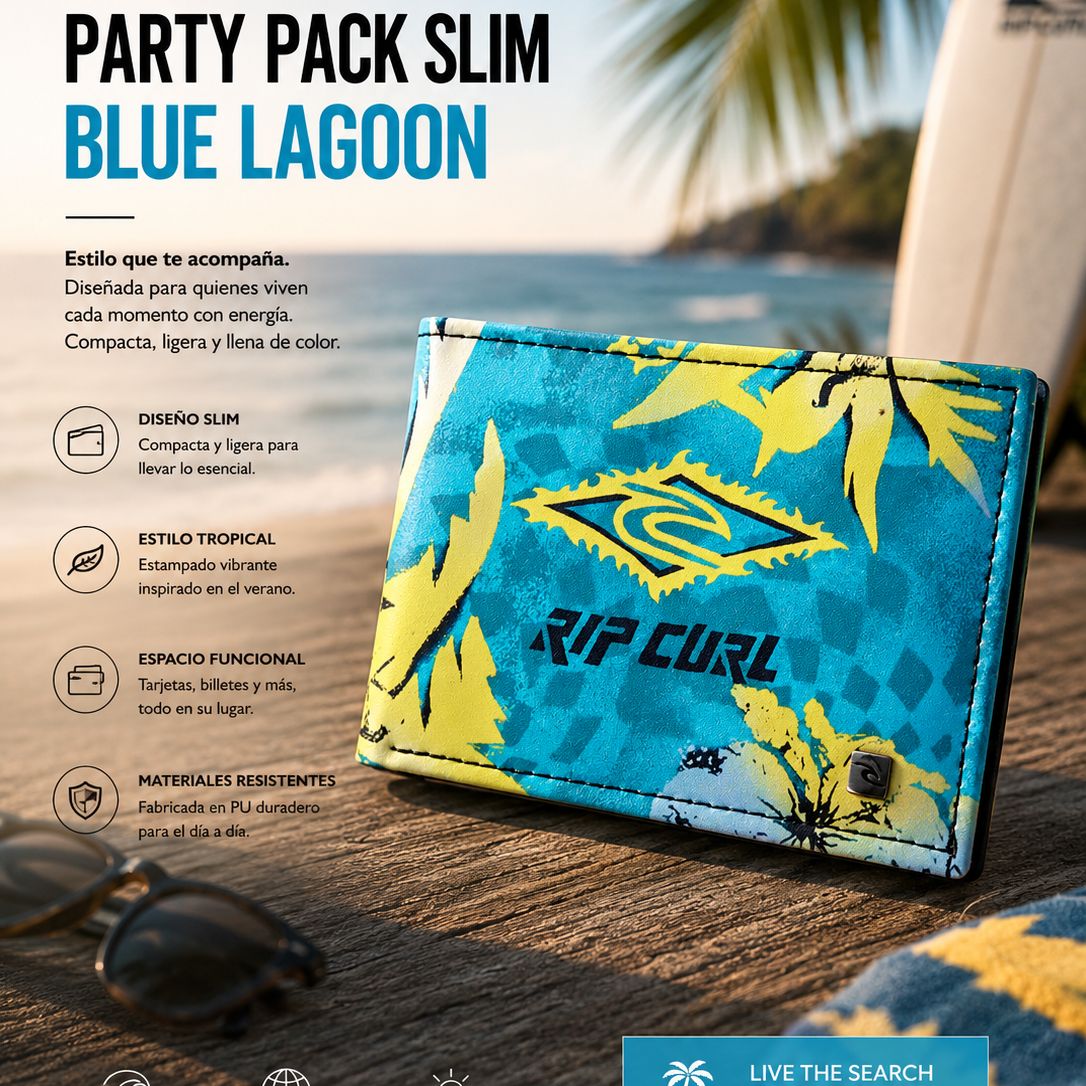 Cartera Rip Curl Party Pack Slim Blue Lagoon tropical azul y amarilla en escena editorial surf summer lifestyle