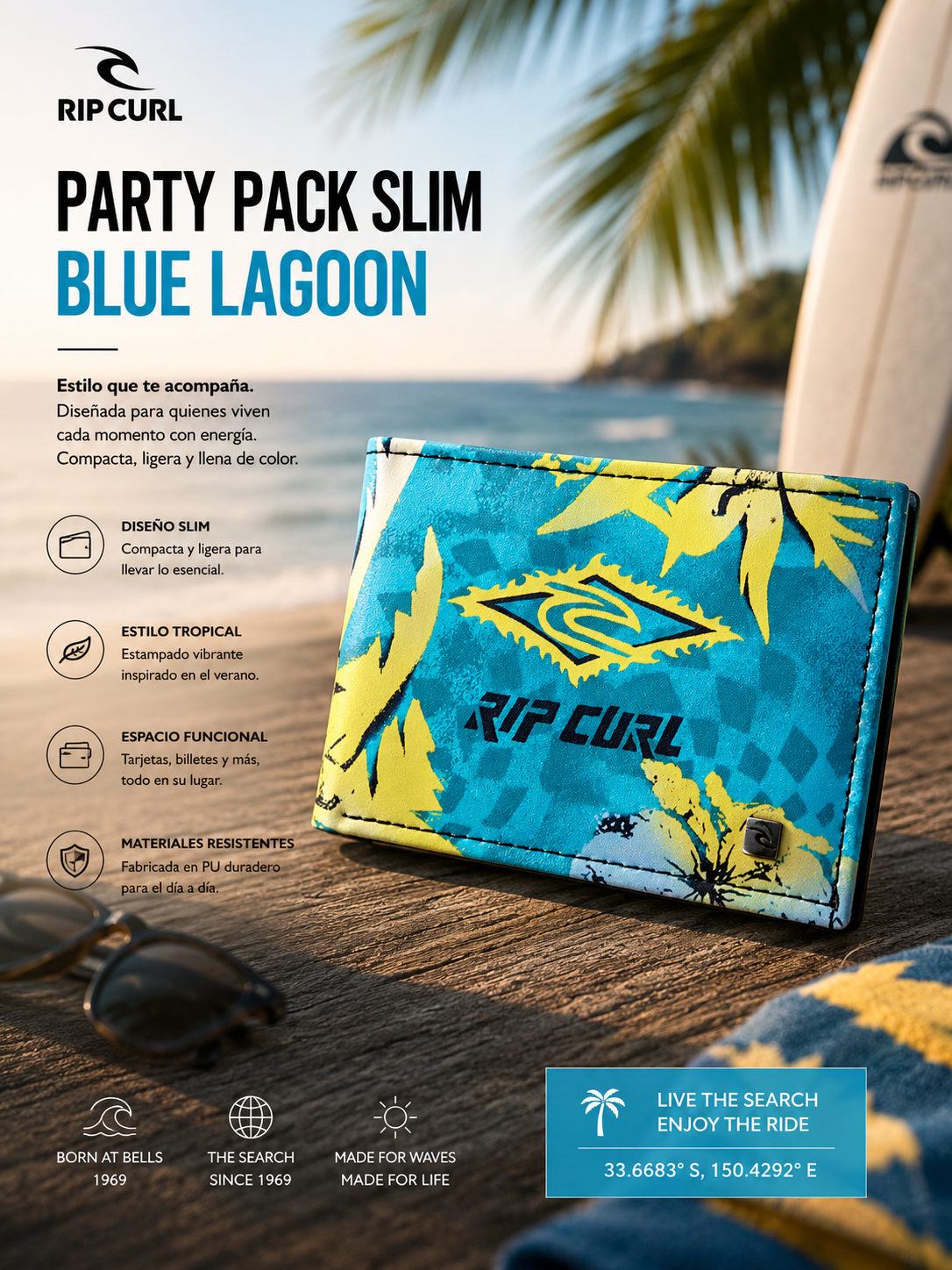Cartera Rip Curl Party Pack Slim Blue Lagoon tropical azul y amarilla en escena editorial surf summer lifestyle