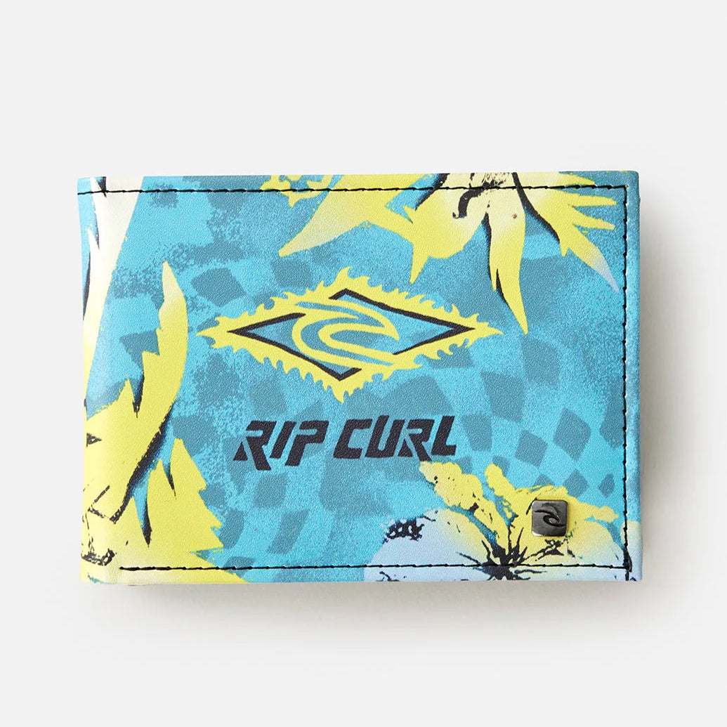 Cartera RIP CURL Party Pack Slim Blue Lagoon en color azul con diseño tropical, formato slim ligera y perfecta para llevar tarjetas y billetes con estilo surf.