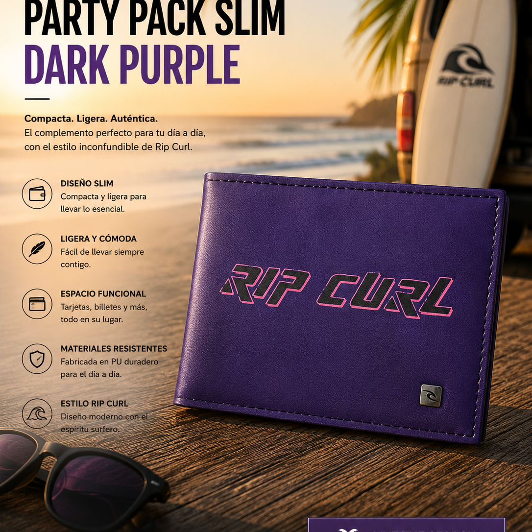 Cartera Rip Curl Party Pack Slim Dark Purple morada en escena editorial surf retro lifestyle premium