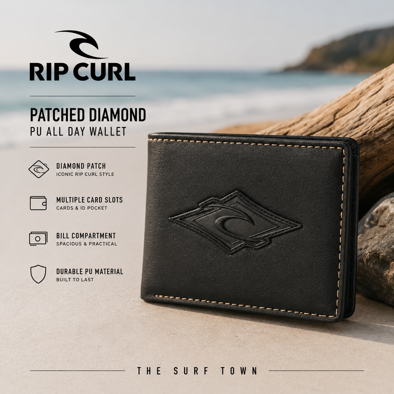 Cartera Rip Curl Patched Diamond PU All Day Wallet Black en fotografía editorial propia de THE SURF TOWN sobre fondo costero premium con diseño compacto, compartimentos para tarjetas y estilo surf masculino.