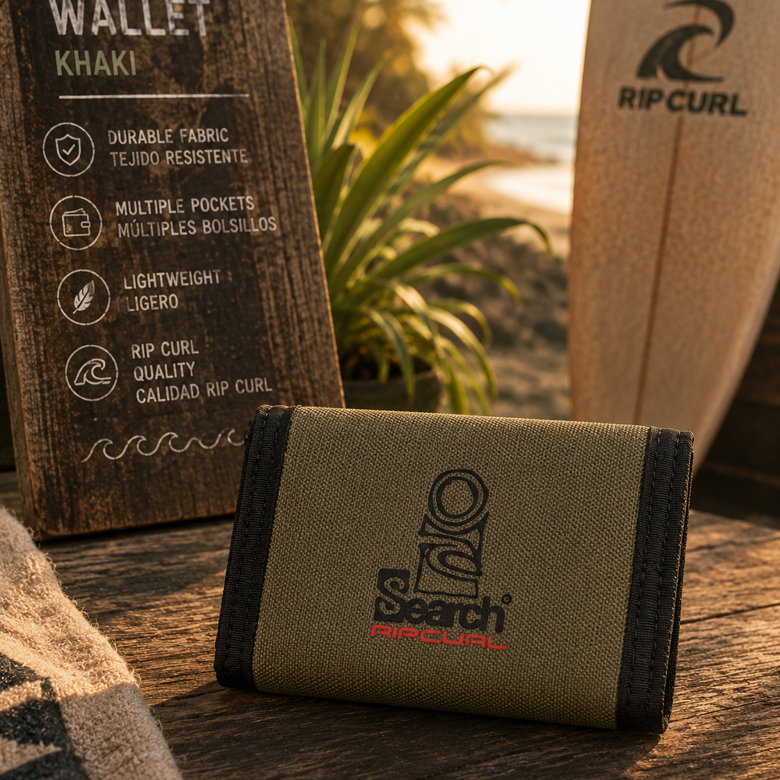 Cartera Rip Curl The Search Deep Cactus estilo surf adventure premium en escenario coastal lifestyle cinematográfico