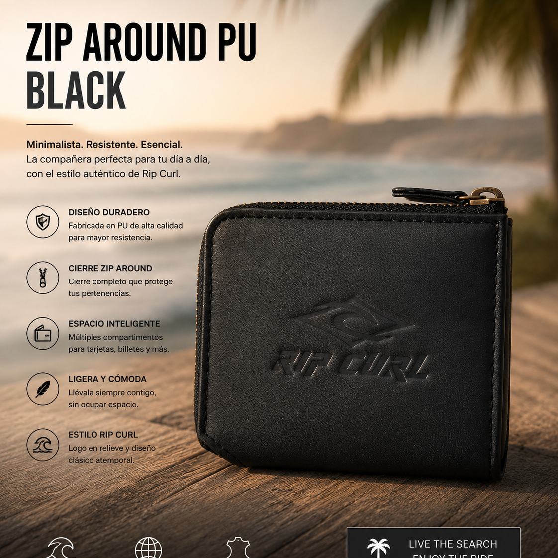 Cartera Rip Curl Zip Around PU BLACK negra con cierre cremallera en escena editorial coastal lifestyle premium