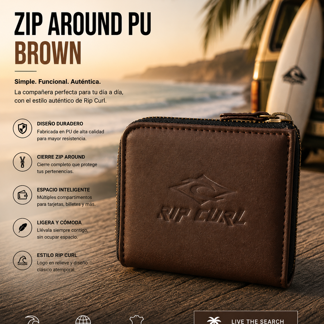 Cartera Rip Curl Zip Around PU Brown marrón con cierre cremallera en escena editorial surf coastal premium
