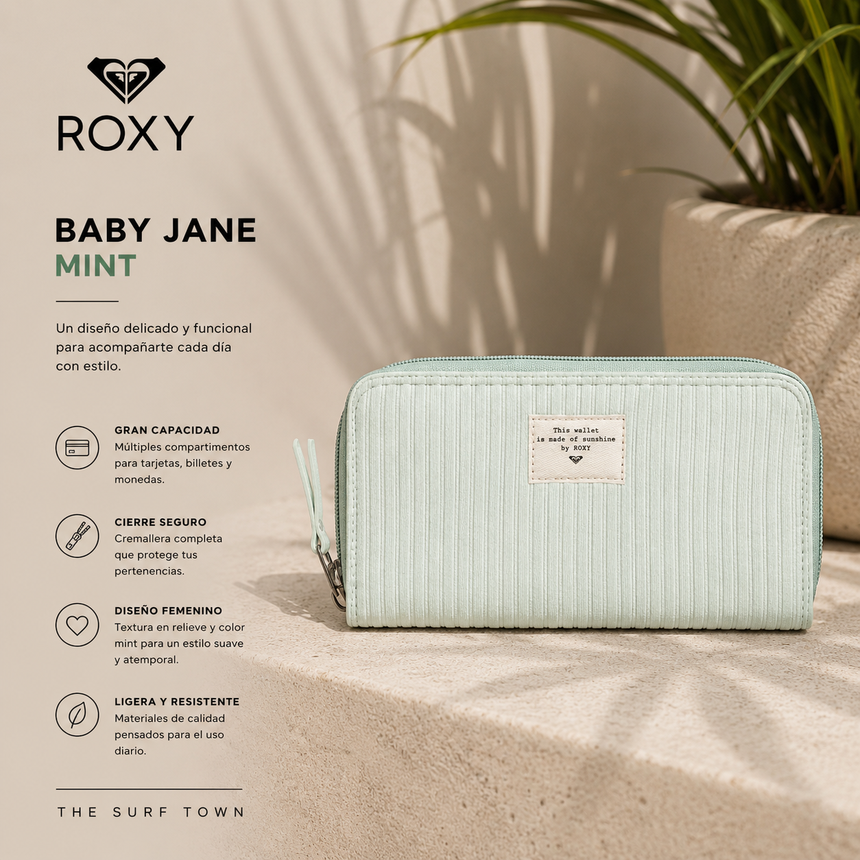 Cartera Roxy Baby Jane Mint en fotografía editorial propia de THE SURF TOWN con estilo lifestyle femenino premium y ambiente resort tropical contemporáneo