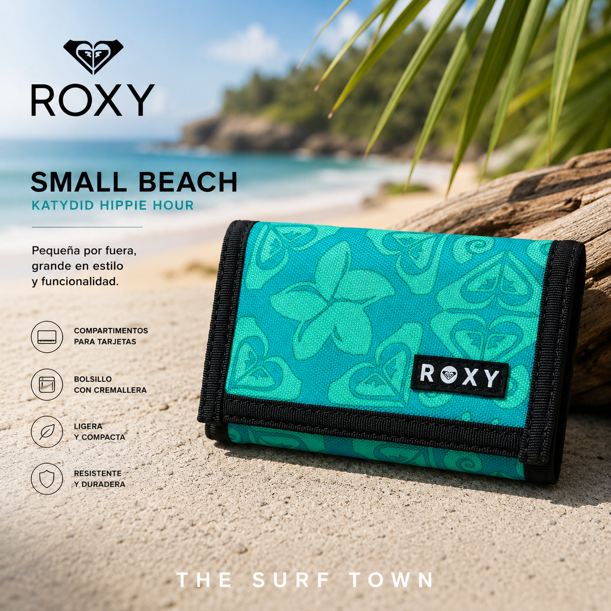Cartera Roxy Small Beach Katydid Hippie Hour en fotografía editorial propia de THE SURF TOWN con estilo beach lifestyle tropical y luz solar intensa
