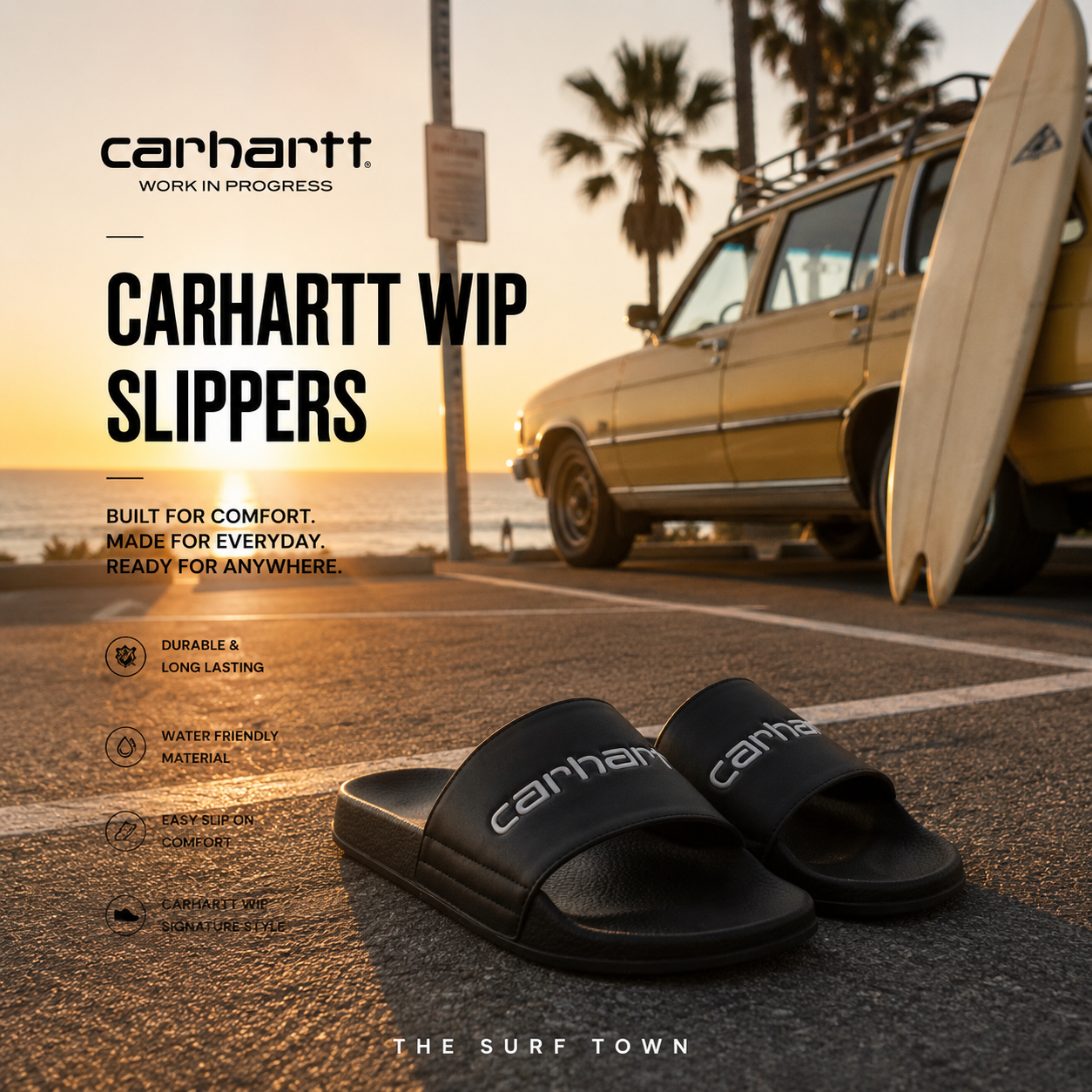 Fotografía propia de THE SURF TOWN de las chanclas de pala Carhartt WIP Slippers negras en parking costero California con ambiente surf lifestyle premium