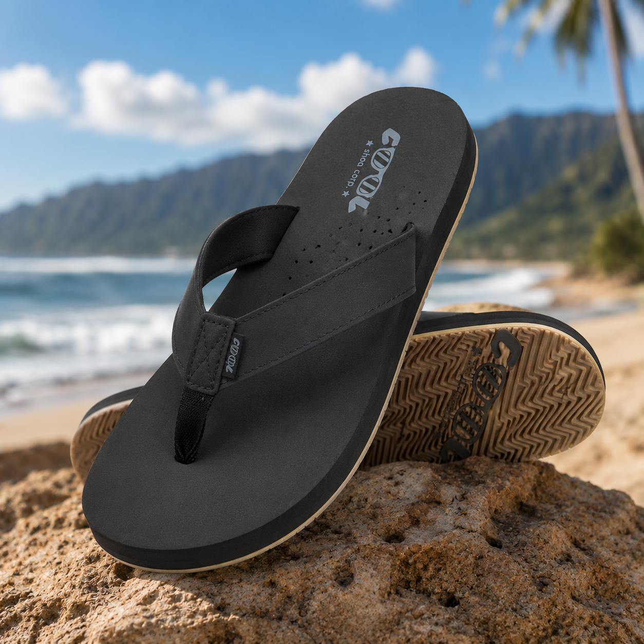 Chanclas Cool Sin Black en fotografía editorial propia de THE SURF TOWN sobre roca volcánica en playa tropical de Hawái con luz natural diurna y estilo surf lifestyle premium