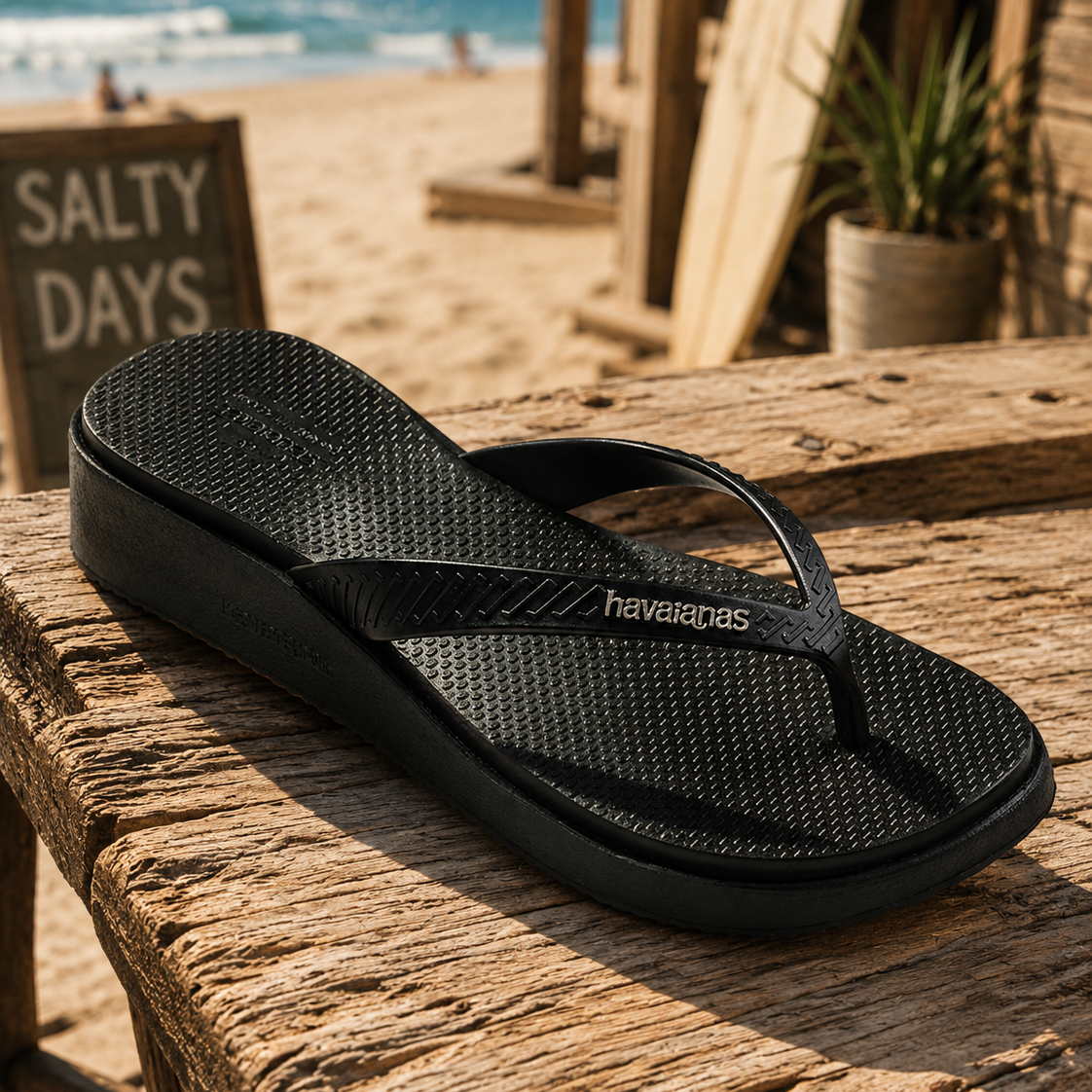 Chanclas Havaianas High Platform II Black para mujer sobre madera junto a la playa con estilo beach lifestyle premium y ambiente Costa del Sol