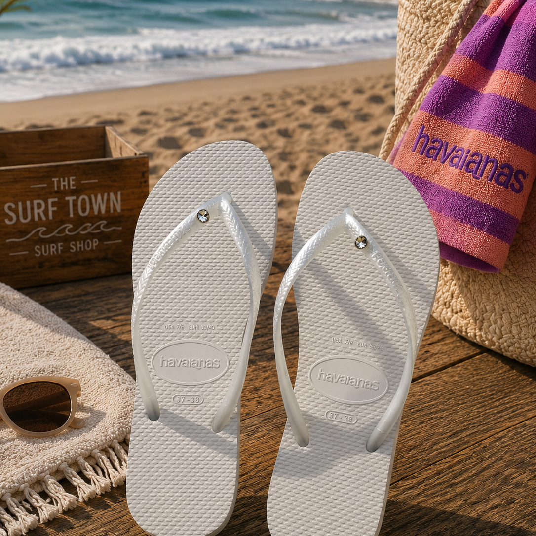 Chanclas Havaianas Slim Crystal blancas para mujer en ambiente beach surf lifestyle premium