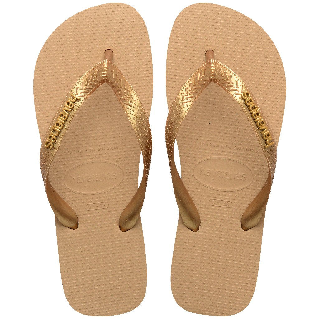 Chanclas Havaianas Top Logo Metallic Gold mujer con tiras doradas metálicas y suela cómoda de goma ideales para verano, playa y piscina