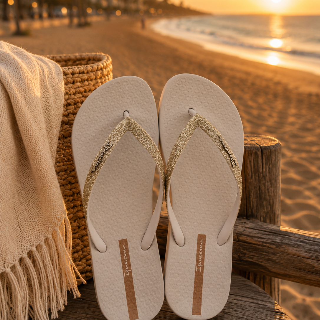 Chanclas Ipanema beige glitter mujer estilo beach lifestyle premium al atardecer junto al mar