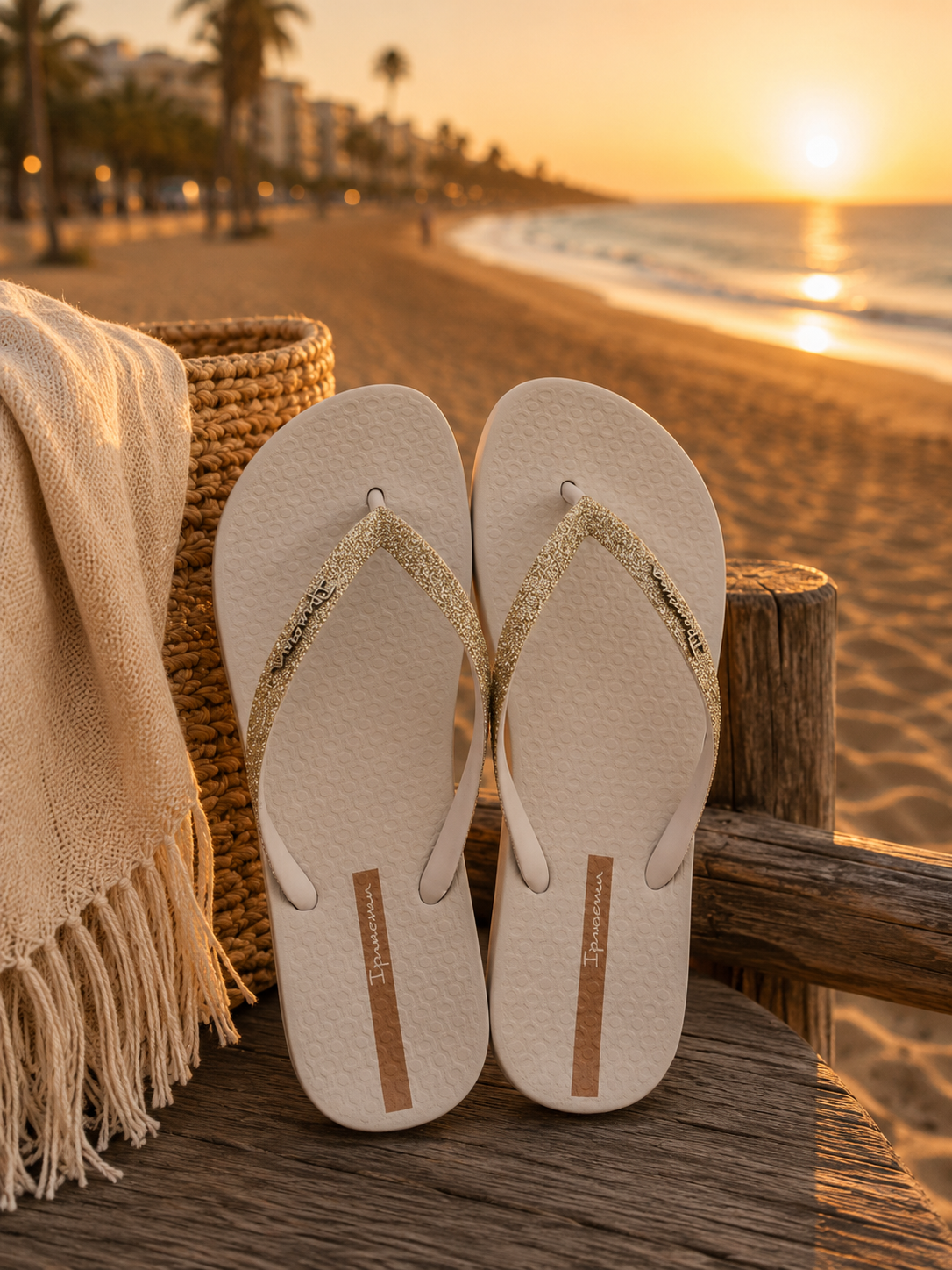 Chanclas Ipanema beige glitter mujer estilo beach lifestyle premium al atardecer junto al mar