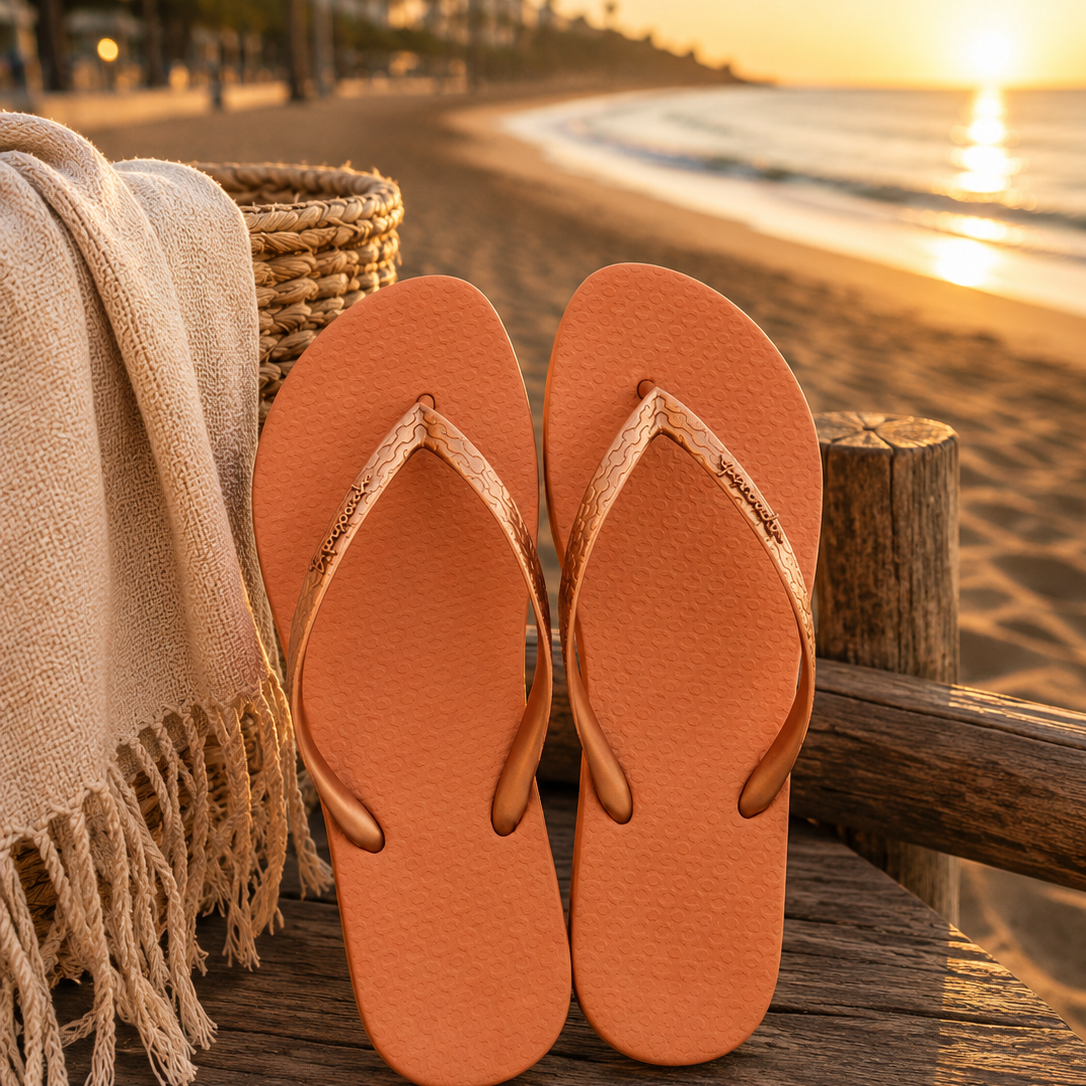 Chanclas Ipanema marrón bronce mujer estilo beach lifestyle premium al atardecer junto al mar