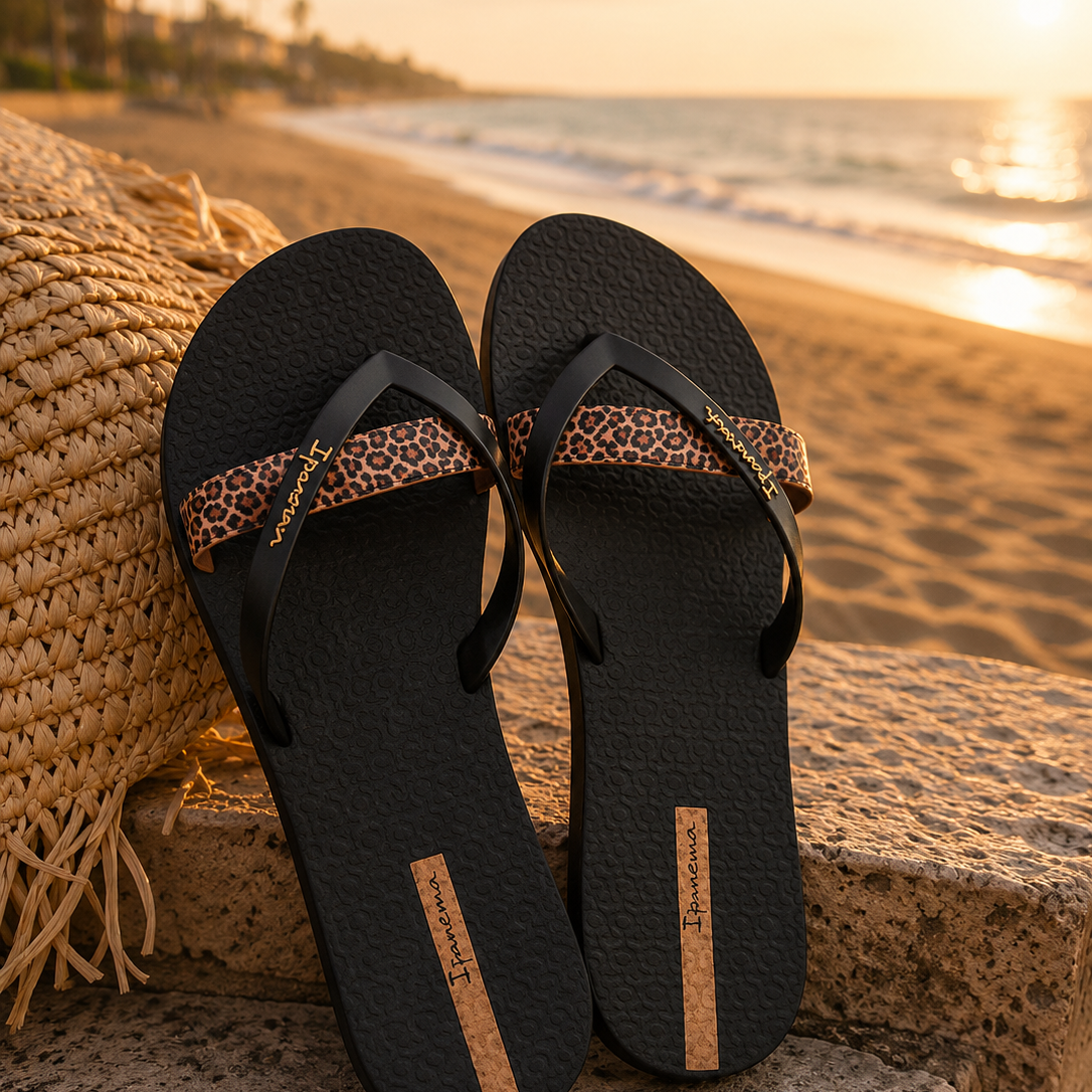 Chanclas Ipanema negras con estampado animal print estilo beach lifestyle premium al atardecer