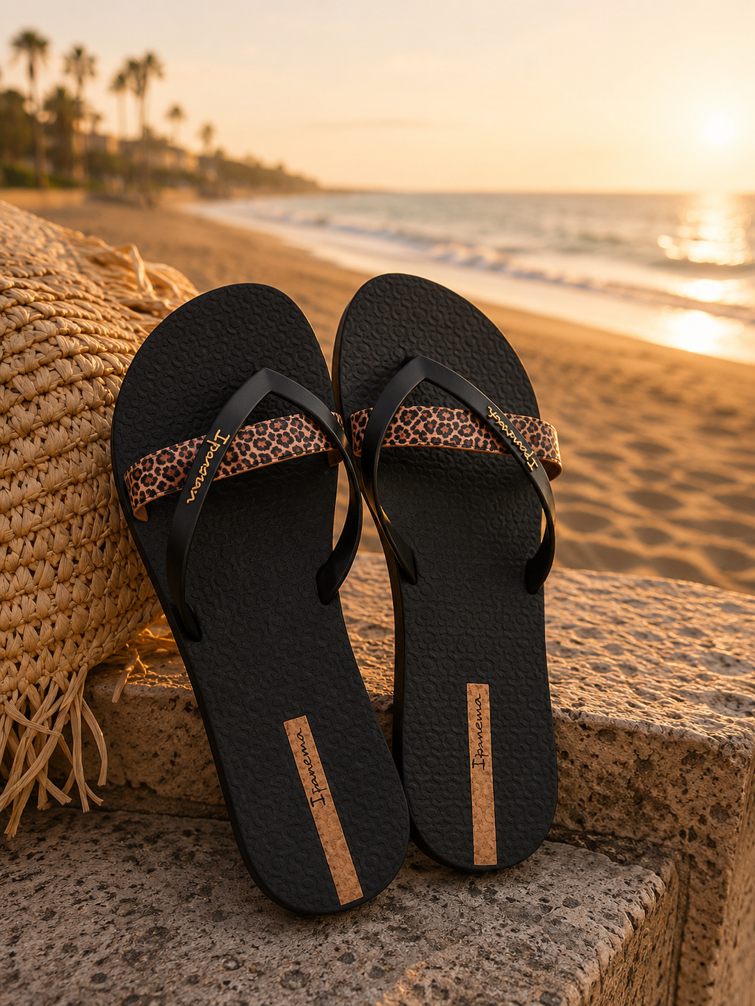 Chanclas Ipanema negras con estampado animal print estilo beach lifestyle premium al atardecer