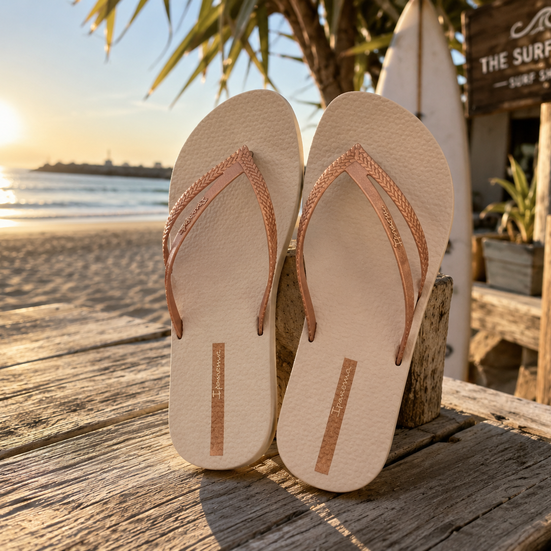 Chanclas Ipanema Bossa Soft Fem beige y rose gold para mujer en beach club surf lifestyle al atardecer