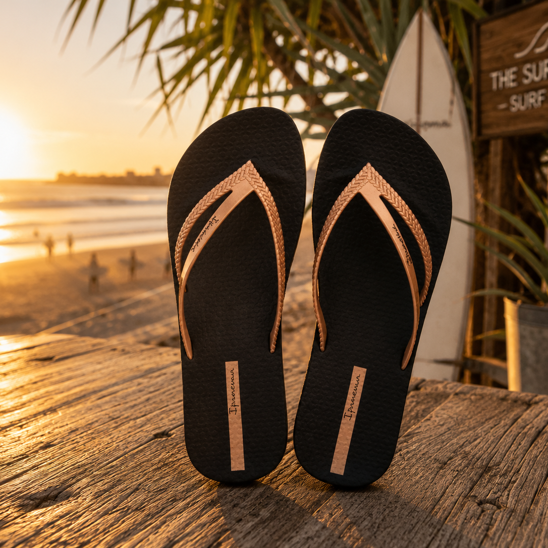 Chanclas Ipanema Bossa Soft Fem black gold para mujer en beach club surf lifestyle premium al atardecer