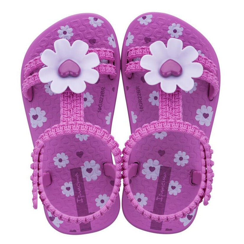 Chanclas Ipanema Daisy Baby en color lila con flores y sujeción al tobillo, perfectas para playa o piscina con máxima comodidad, seguridad y estilo infantil
